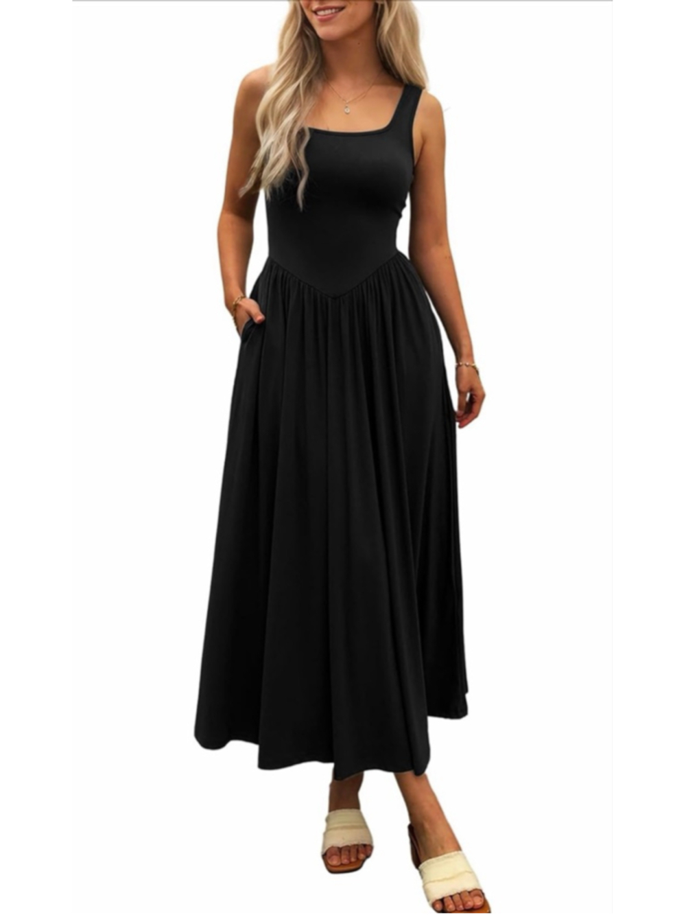 NEW Black Mieazom Tank Maxi Dress Sleeveless Square Neck Pockets XL
